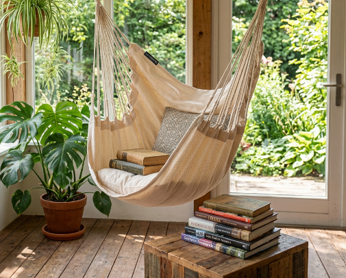 Cream LA SIESTA Cumbia Organic Latte hammock chair hanging in a sunroom with plants and books