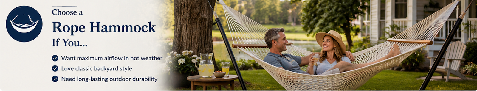Couple relaxing in a rope hammock with a scenic background