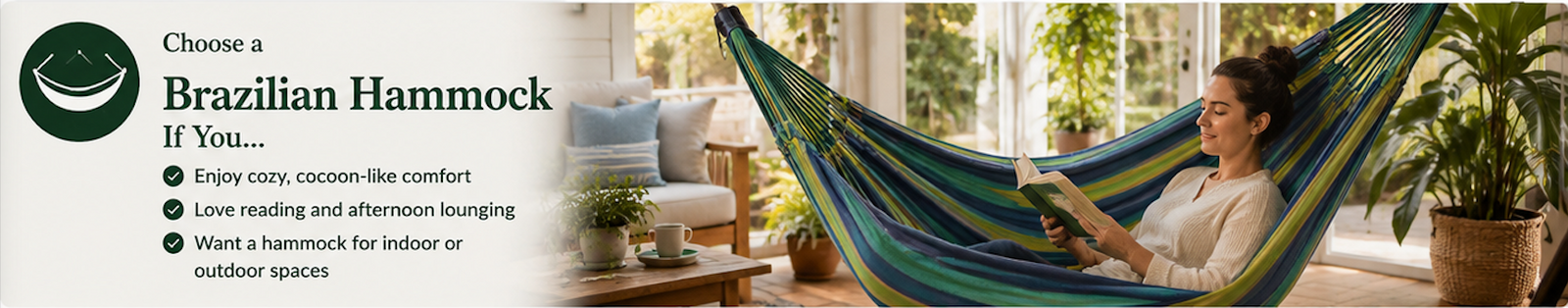 Woman reading a book in a Brazilian hammock in a cozy living room.
