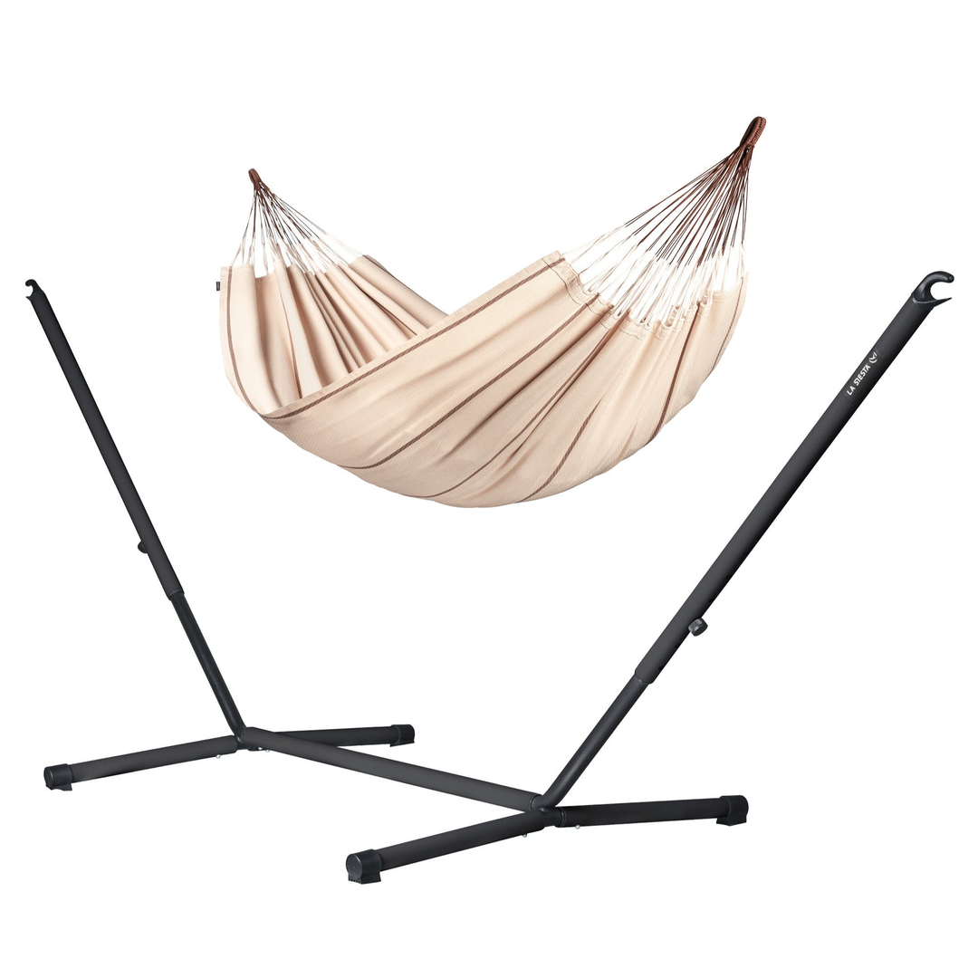 Modesta Double Hammock with Nautico Anthracite Stand - Nougat Organic Cotton Hammock with Powder Coated Steel Stand
