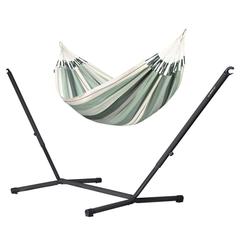 Modesta Olive kingsize hammock on a black Nautico Anthracite steel stand, white background