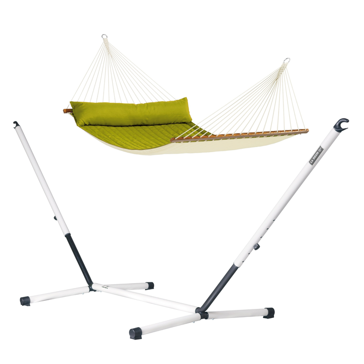 Alabama Kingsize Hammock with Nautico Stand in Cool Grey – Padded Avocado Spreader Bar Hammock with Powder Coated Steel Stand