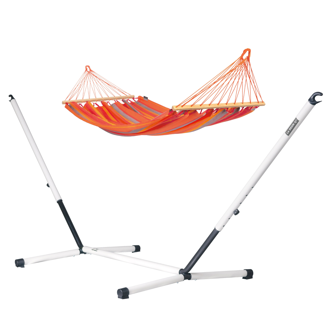 Alisio Double Hammock with Nautico Cool Grey Outdoor Stand  - Toucan Weather-Resistant Spreader Bar Hammock with Powder Coated Steel Stand