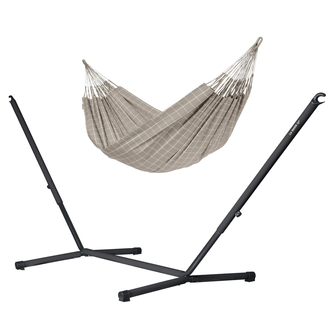 Brisa Double Hammock with Nautico Anthracite Stand - Almond Weather-Resistant Hammock with Powder Coated Steel Stand