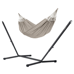 Brisa Almond double hammock on a black Nautico Anthracite steel stand, white background