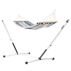 Alisio Sea Salt double spreader bar hammock on a white and grey Nautico steel stand, white background