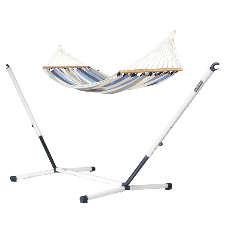 Alisio Double Hammock with Nautico Cool Grey Outdoor Stand - Sea Salt Weather-Resistant Spreader Bar Hammock with Powder Coated Steel Stand
