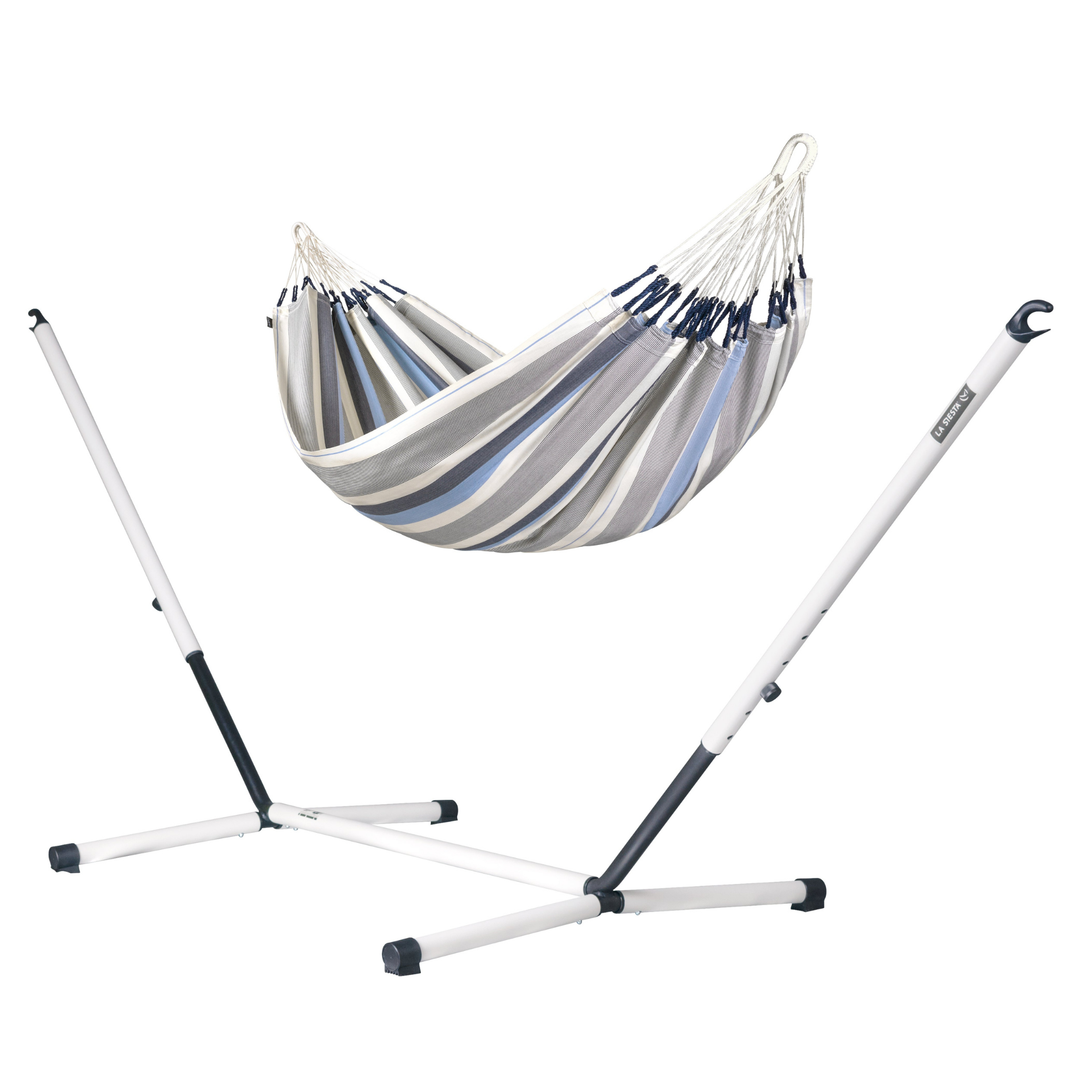 Brisa Double Hammock with Nautico Cool Grey Outdoor Stand -  Sea Salt Weather-Resistant Hammock with Powder Coated Steel Stand