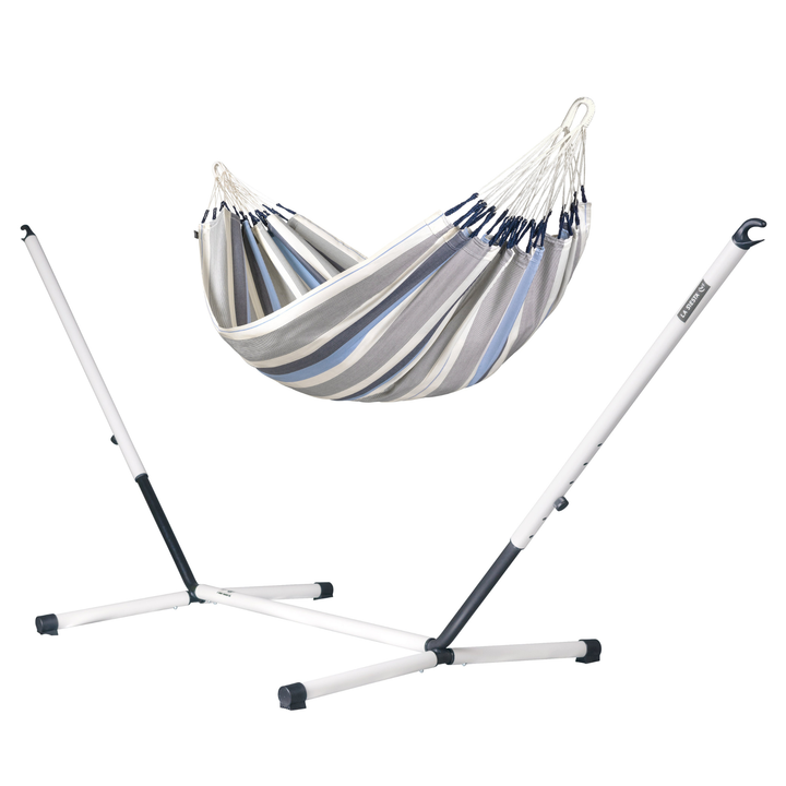 Brisa Double Hammock with Nautico Cool Grey Outdoor Stand -  Sea Salt Weather-Resistant Hammock with Powder Coated Steel Stand
