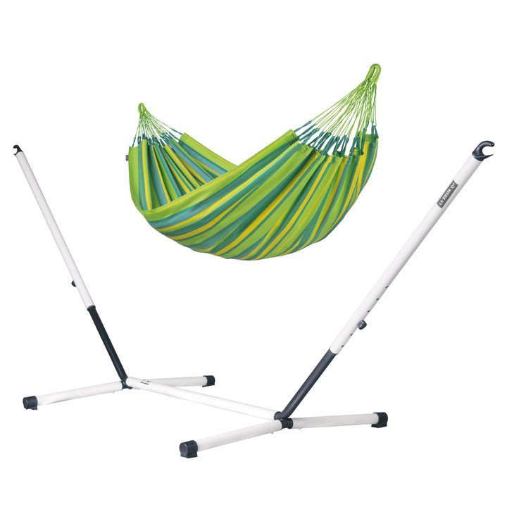 Brisa Double Hammock with Nautico Cool Grey Stand -  Outdoor Lime Weather-Resistant Hammock with Powder Coated Steel Stand