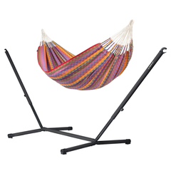 Flora Flowers kingsize hammock on a black Nautico Anthracite steel stand, white background