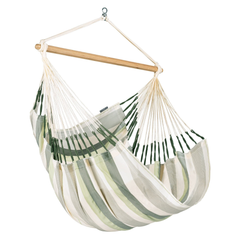 LA SIESTA Domingo Cedar comfort hammock chair in green and cream stripes on a white background