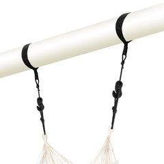 Two TreeMount straps on a horizontal white beam holding a hammock