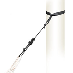 TreeMount strap on a white post holding a hammock suspension cord