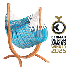 Udine Organic Azure hammock chair on a curved eucalyptus stand with German Design Award 2025 winner badge