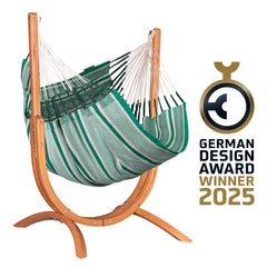 Udine Organic Agave hammock chair on a curved eucalyptus stand with German Design Award 2025 winner badge