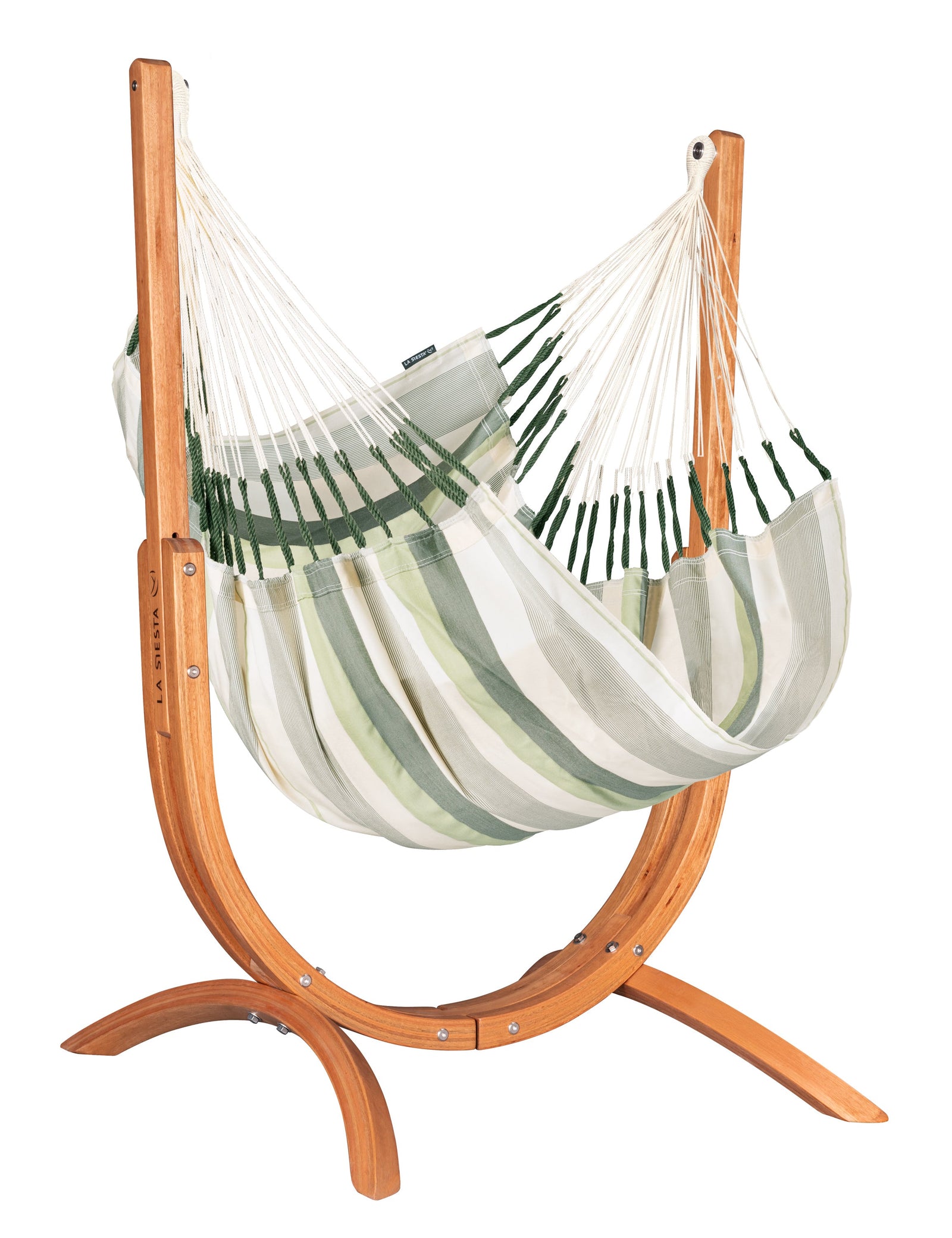 Striped hammock on a wooden stand against a white background