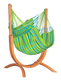 Udine Outdoor Lime hammock chair on a curved eucalyptus stand, white background
