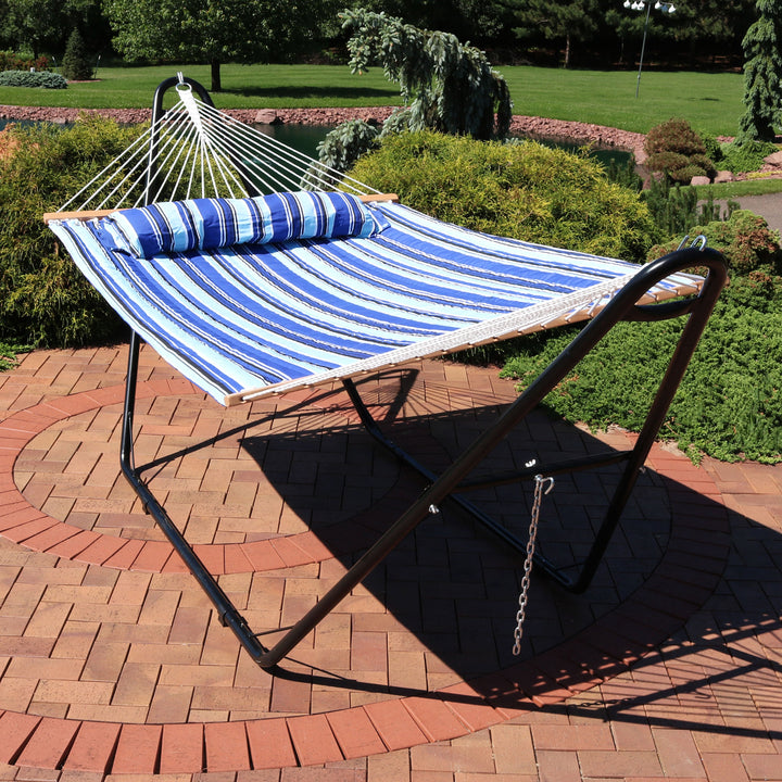 Sunnydaze Quilted Double Spreader Bar Hammock with Pillow, Polyester, 450 lb Capacity