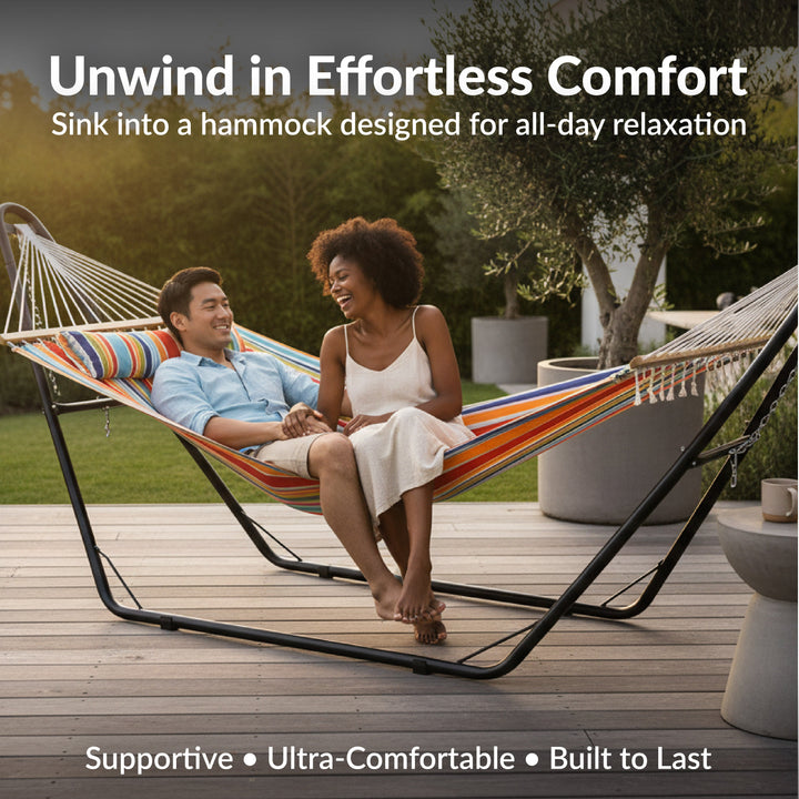 Sunnydaze Quilted Double Spreader Bar Hammock with Pillow, Polyester, 450 lb Capacity