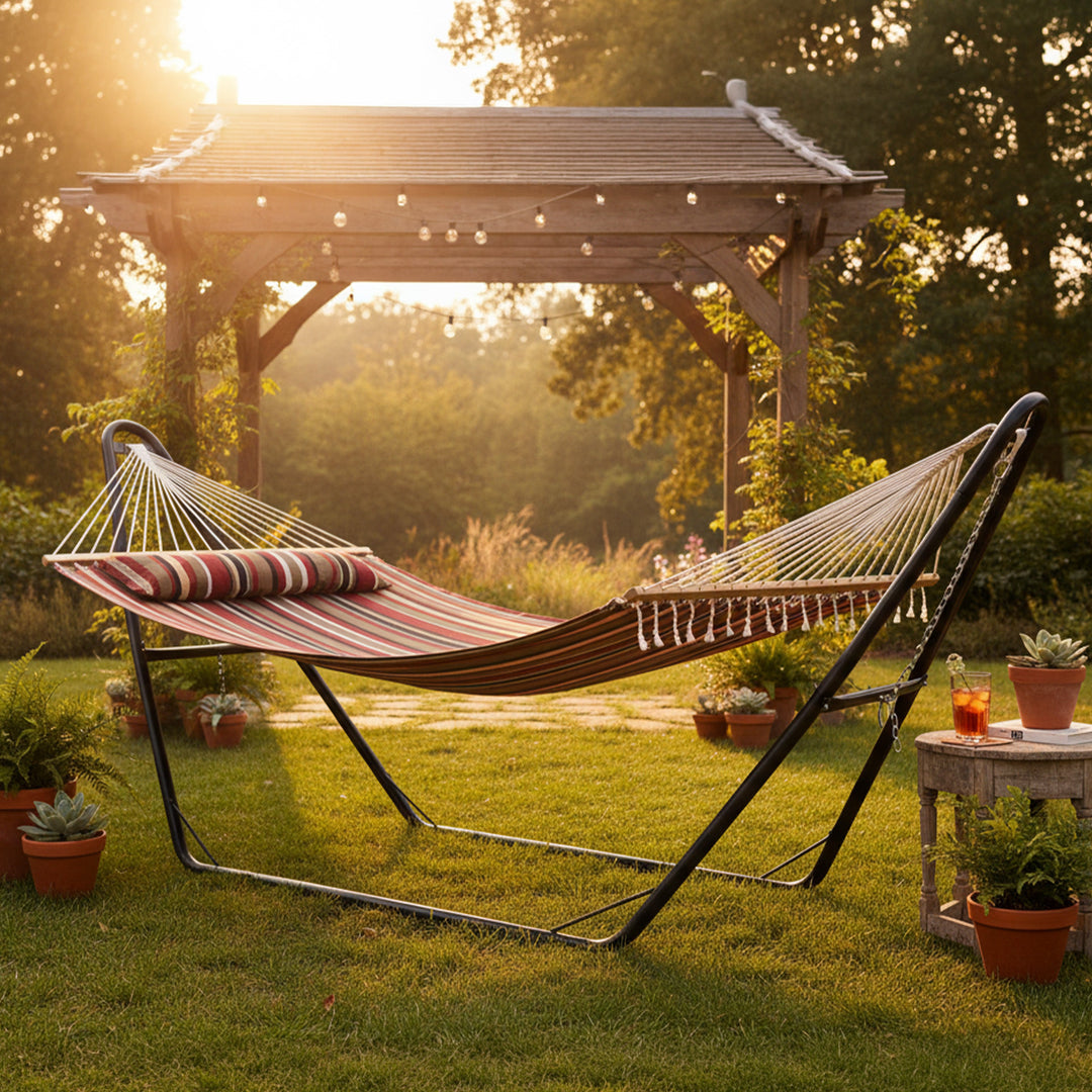 Sunnydaze Quilted Double Spreader Bar Hammock with Pillow, Polyester, 450 lb Capacity