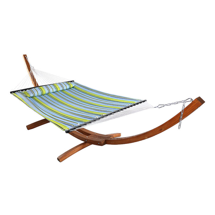Double Quilted Hammock Wooden Stand Blue Green Stripe detail