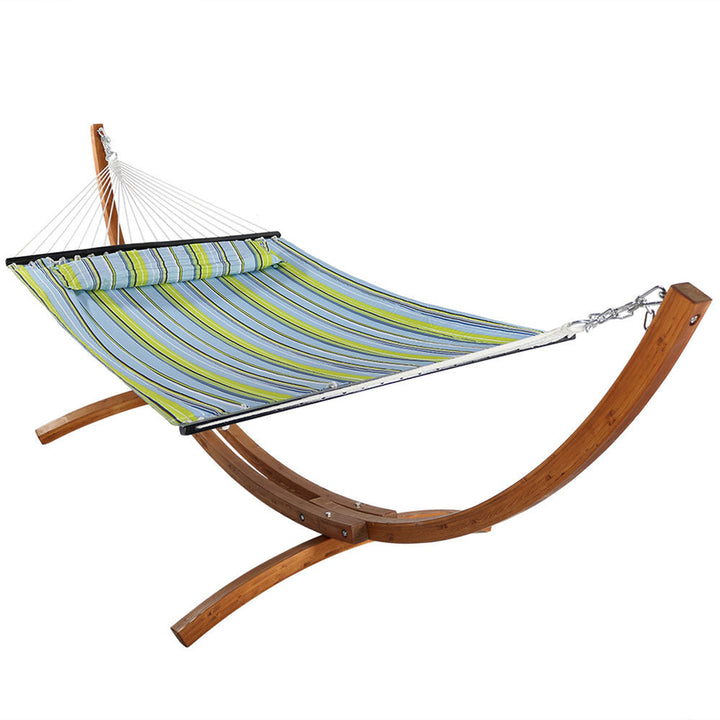 Double Quilted Hammock Wooden Stand Blue Green Stripe detail