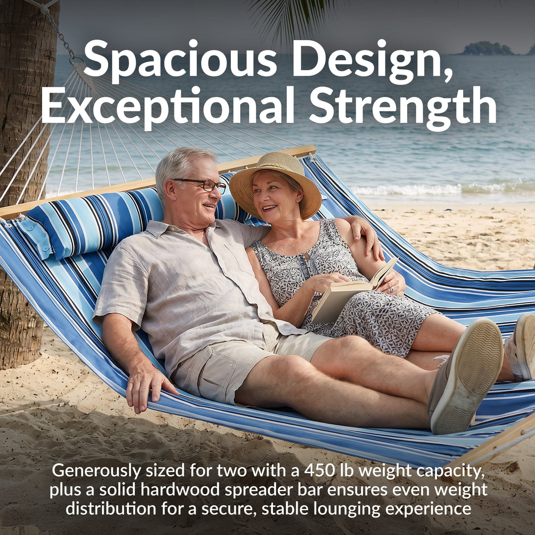Sunnydaze Quilted Double Spreader Bar Hammock with Pillow, Polyester, 450 lb Capacity