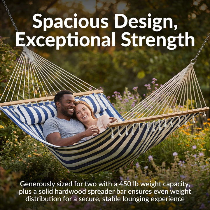 Sunnydaze Quilted Double Spreader Bar Hammock with Pillow, Polyester, 450 lb Capacity