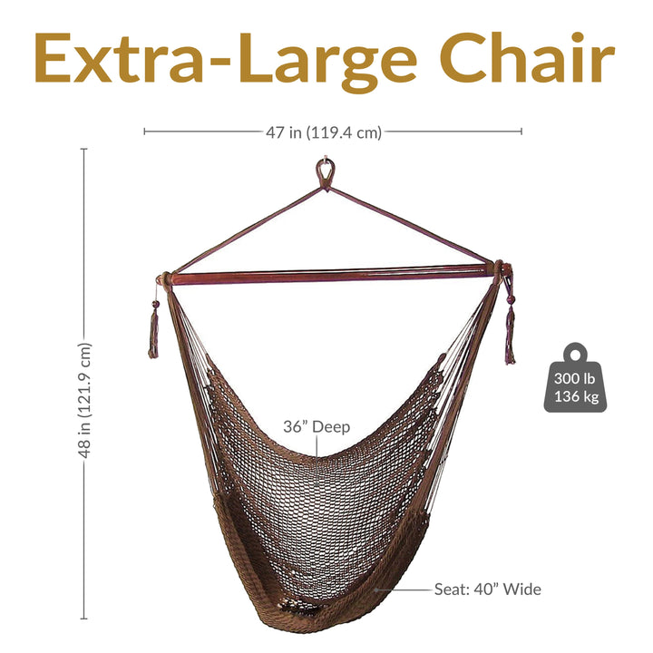 Sunnydaze Caribbean XL Rope Hammock Chair, Polyester, 300 lb Capacity