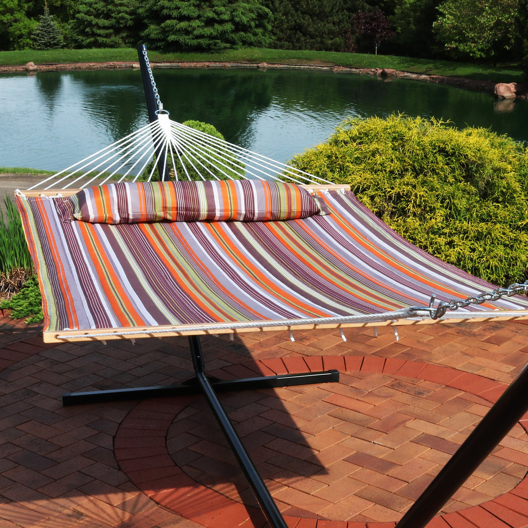 Sunnydaze Quilted Double Spreader Bar Hammock with Pillow, Polyester, 450 lb Capacity