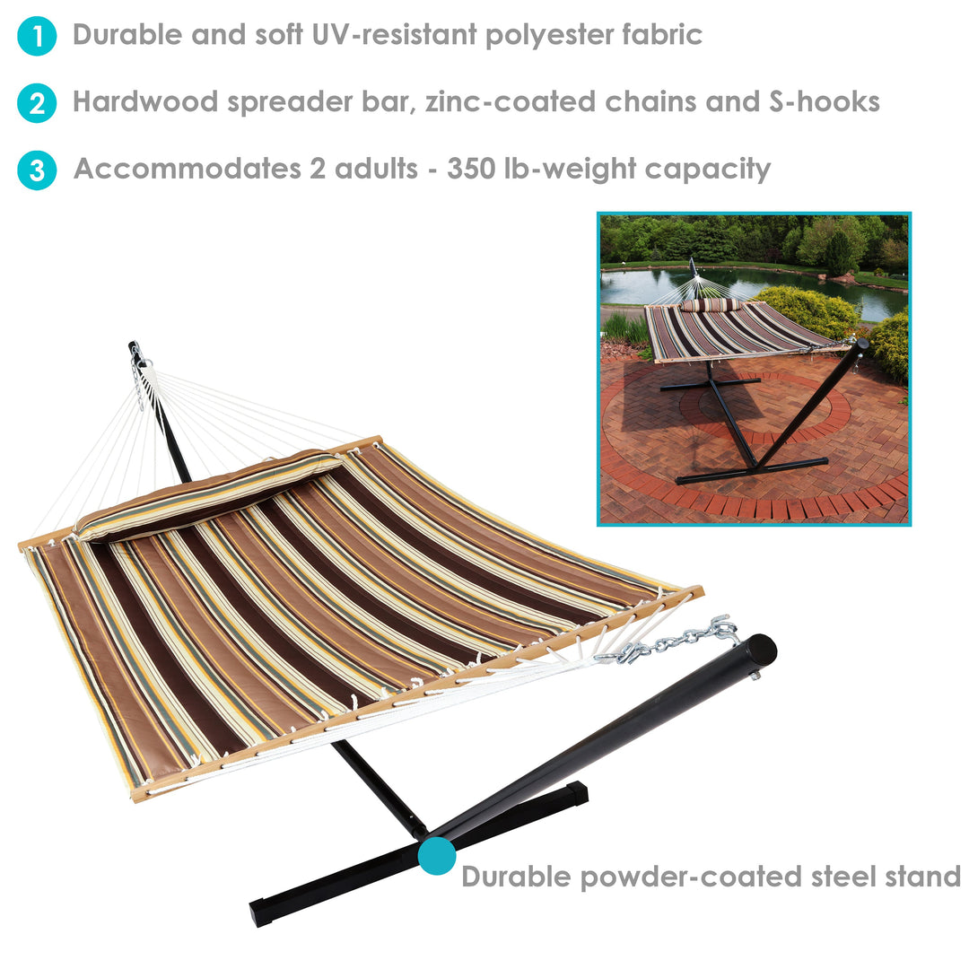 Sunnydaze Quilted Spreader Bar Hammock with Steel Stand, 2-Person, 350 lb Capacity
