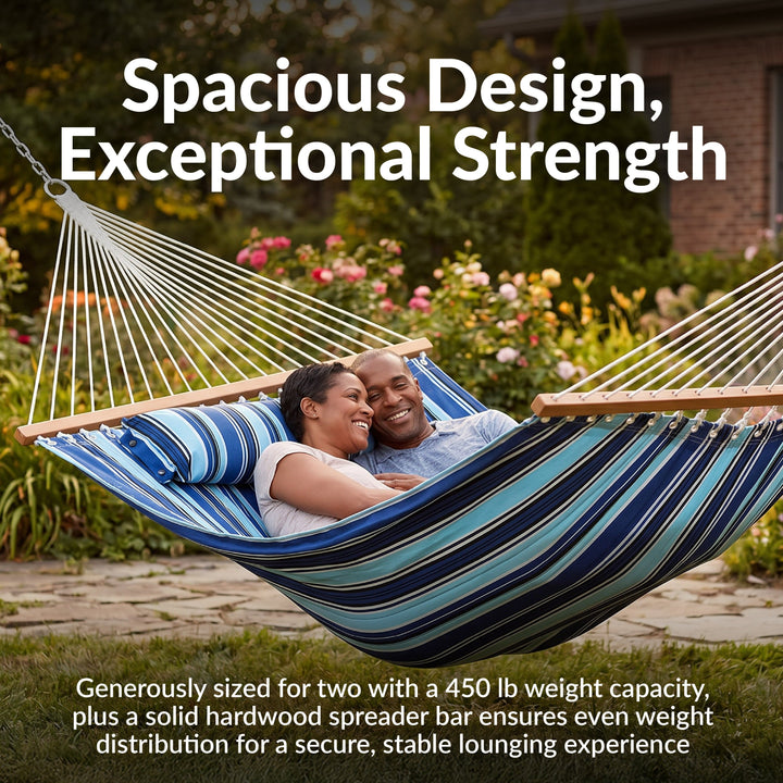 Sunnydaze Quilted Double Spreader Bar Hammock with Pillow, Polyester, 450 lb Capacity