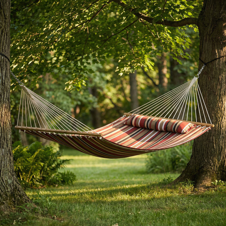 Sunnydaze Quilted Double Spreader Bar Hammock with Pillow, Polyester, 450 lb Capacity