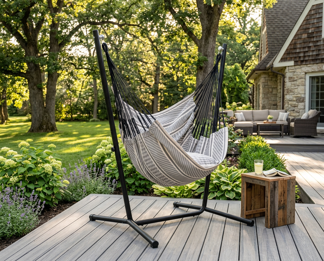Black and cream striped LA SIESTA Cumbia Organic Zebra hammock chair on a black stand on a deck (stand sold separately)