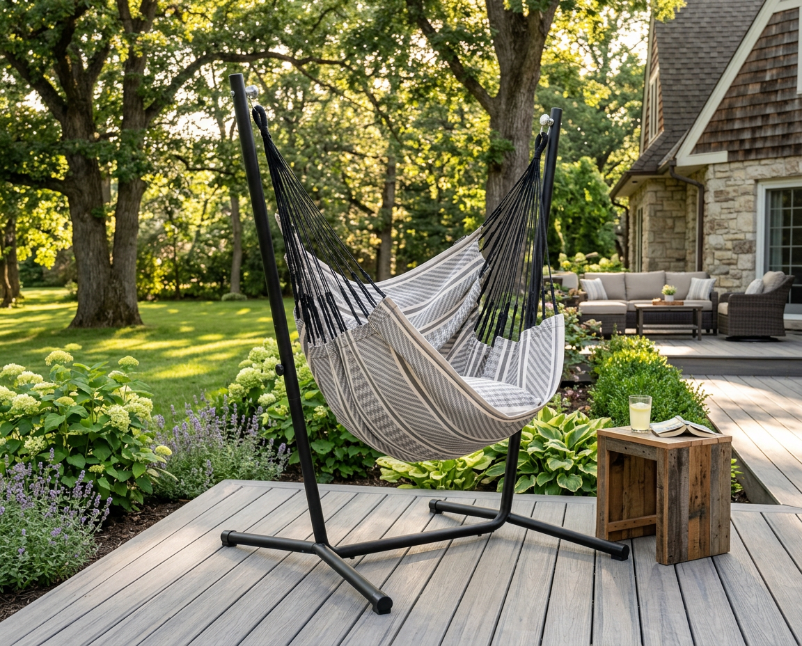 Black and cream striped LA SIESTA Cumbia Organic Zebra hammock chair on a black stand on a deck (stand sold separately)
