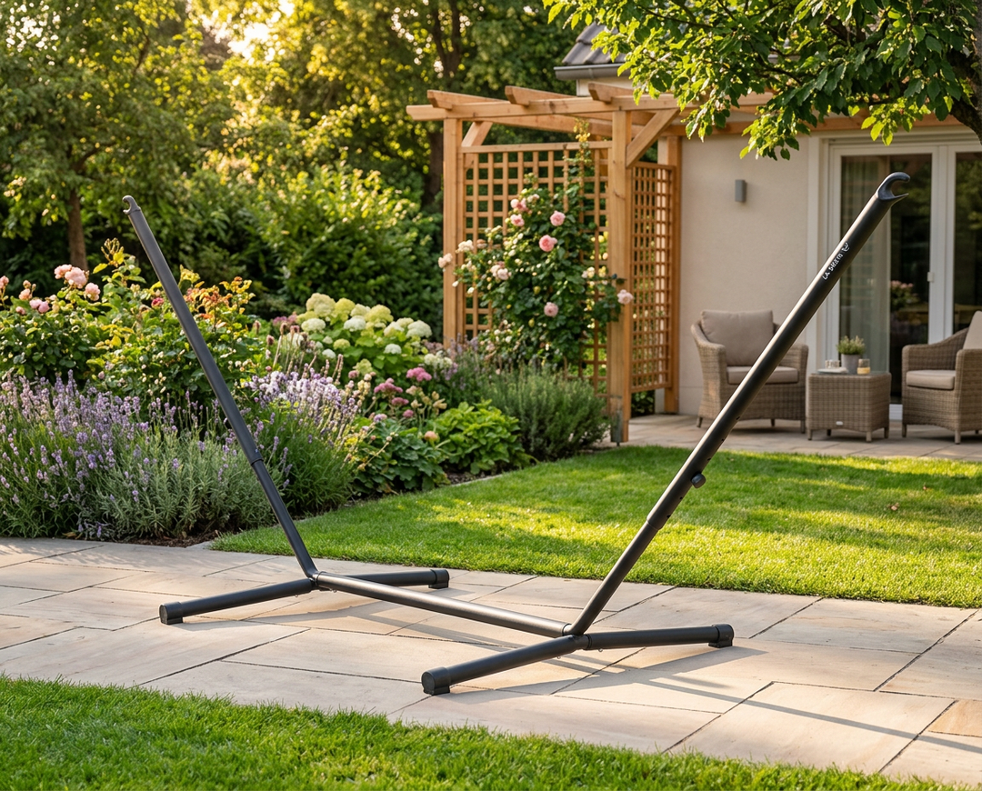 Black LA SIESTA Nautico Anthracite hammock stand on a garden patio
