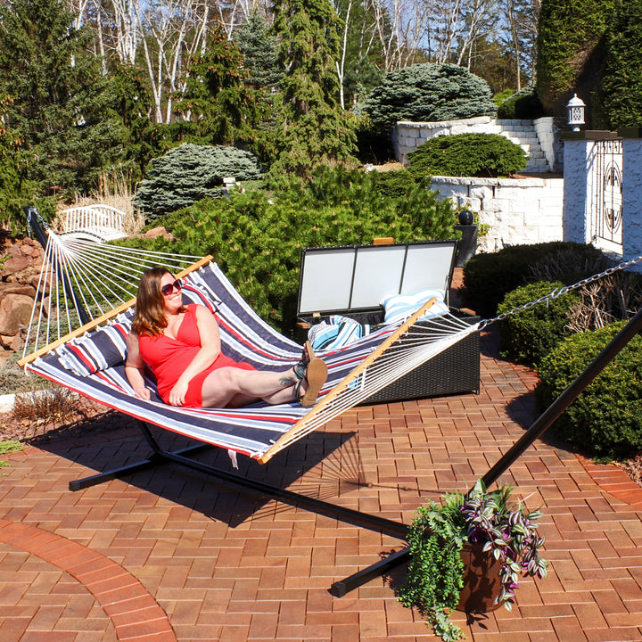 Sunnydaze Quilted Double Spreader Bar Hammock with Pillow, Polyester, 450 lb Capacity