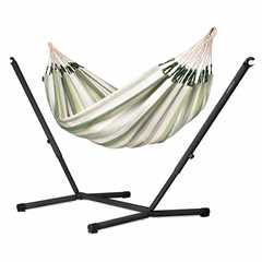 Brisa Cedar double hammock on a black Nautico Anthracite steel stand, white background