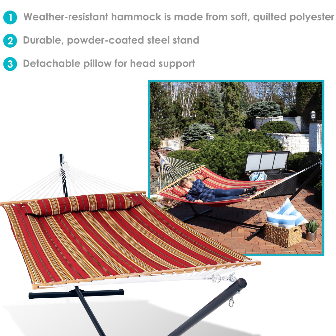 Sunnydaze Quilted Spreader Bar Hammock with Steel Stand, 2-Person, 350 lb Capacity
