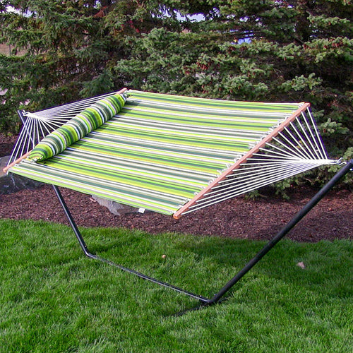 Sunnydaze Quilted Fabric Hammock Melon Stripe lifestyle