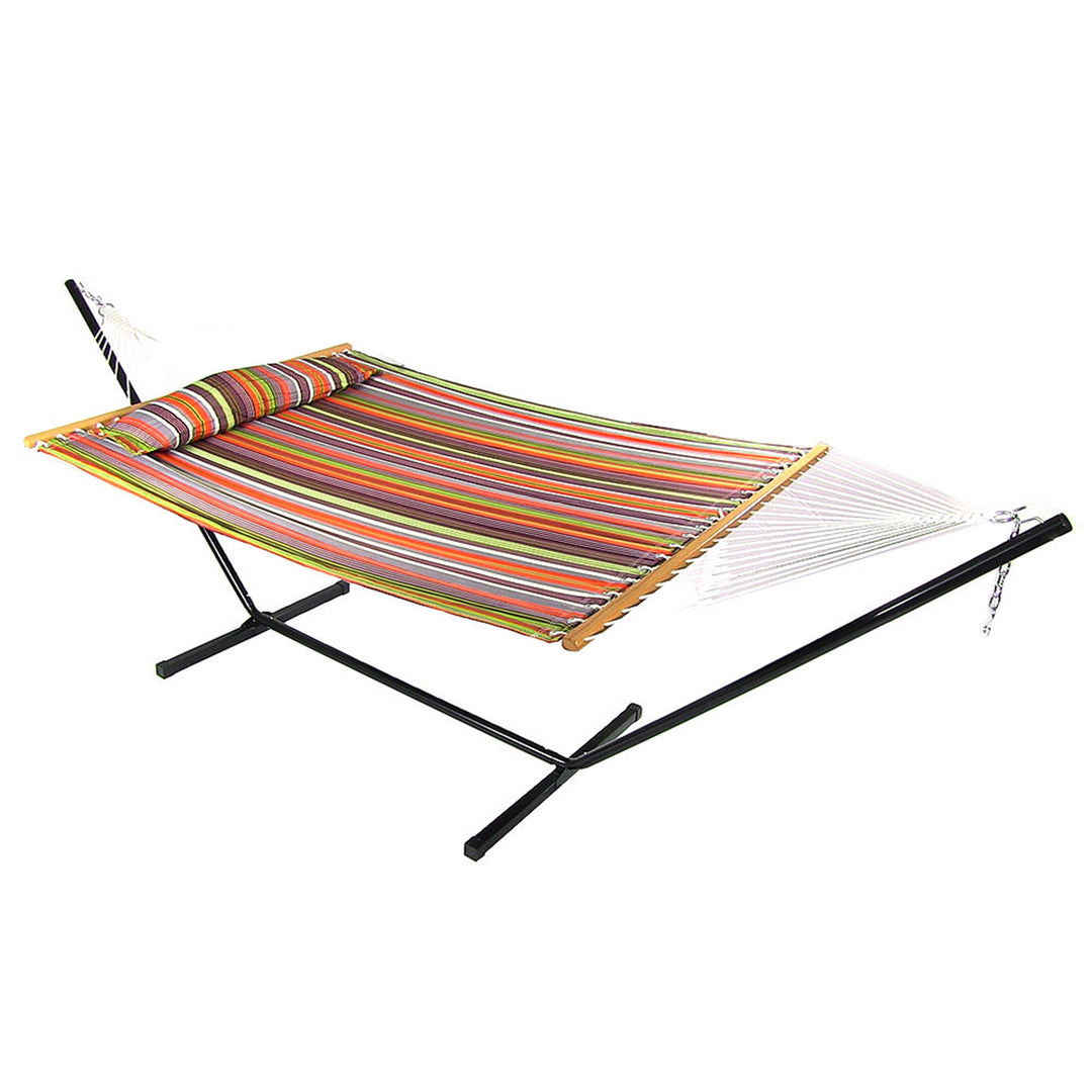 Sunnydaze Quilted Spreader Bar Hammock with Steel Stand, 2-Person, 350 lb Capacity
