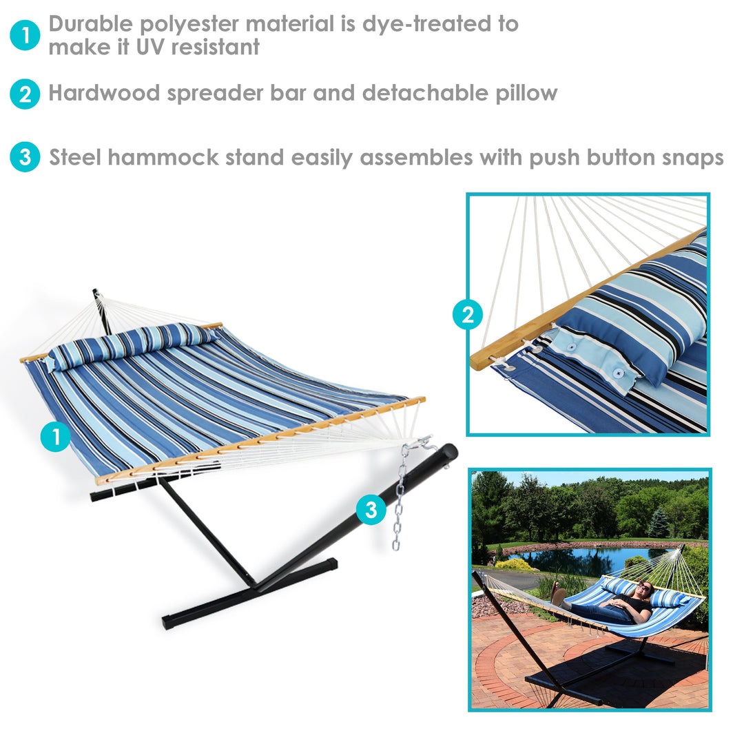 Sunnydaze Quilted Spreader Bar Hammock with Steel Stand, 2-Person, 350 lb Capacity
