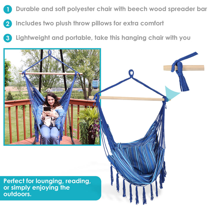 Sunnydaze Cushioned Hanging Hammock Chair with Pillows, Polyester, 265 lb Capacity - Cornflower Stripes