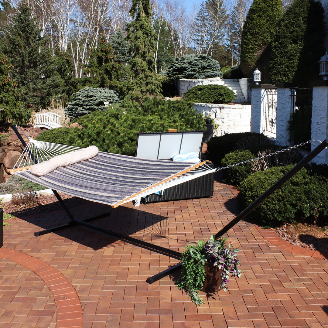 Sunnydaze Quilted Spreader Bar Hammock with Steel Stand, 2-Person, 350 lb Capacity