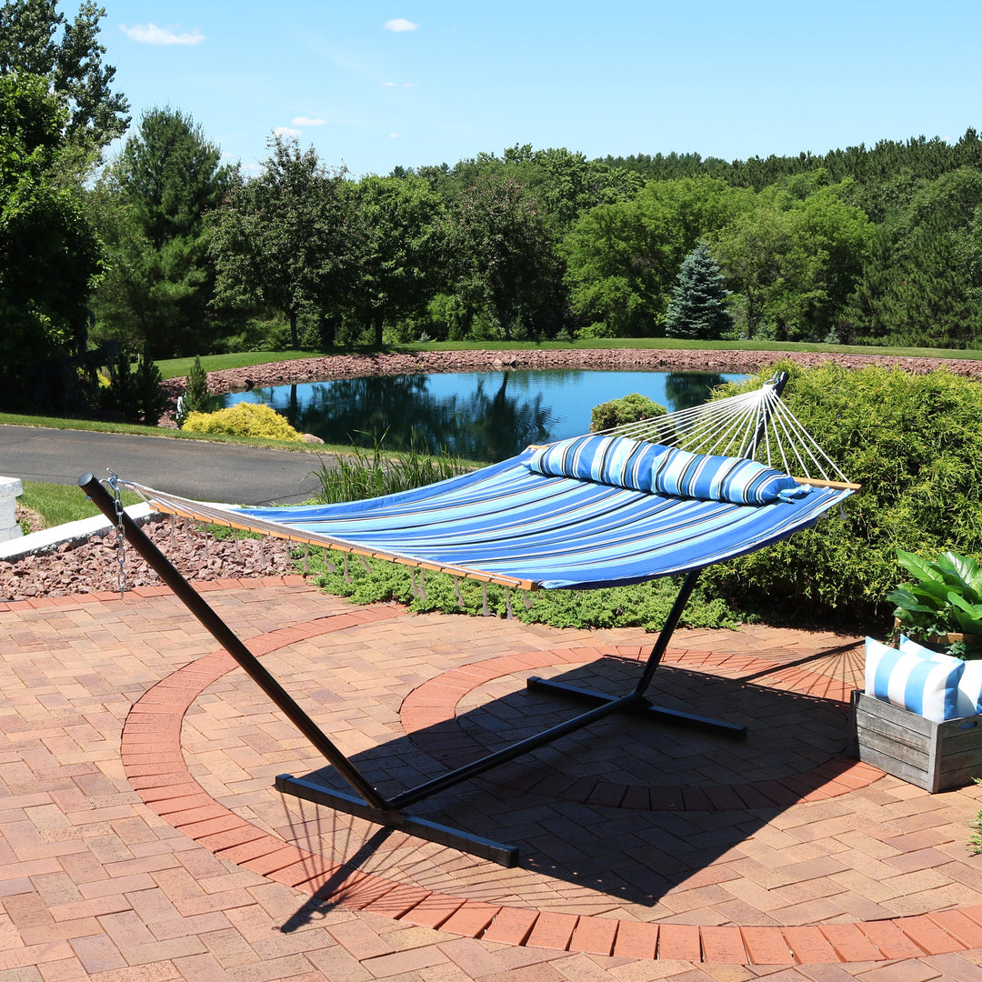 Sunnydaze Quilted Spreader Bar Hammock with Steel Stand, 2-Person, 350 lb Capacity
