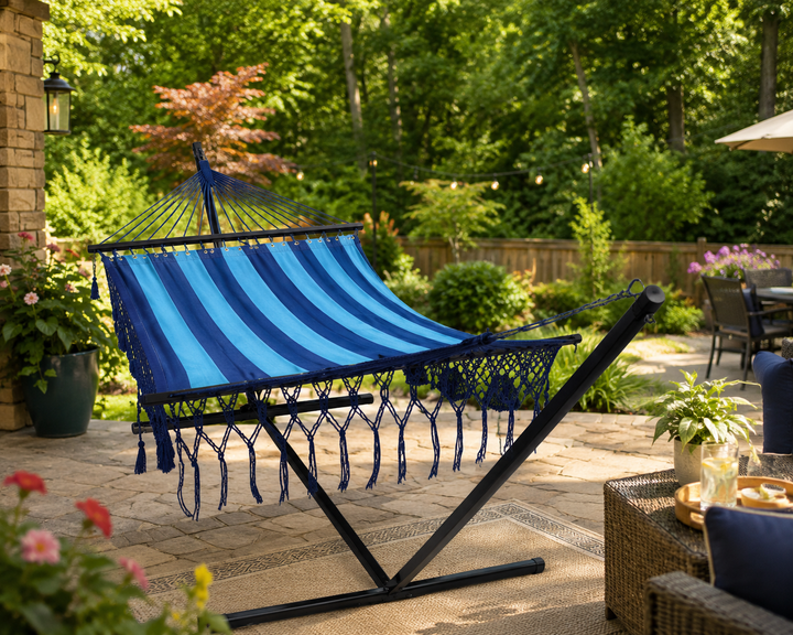 Deluxe American Style Mayan Hammock & 15' Hammock Stand - Blue