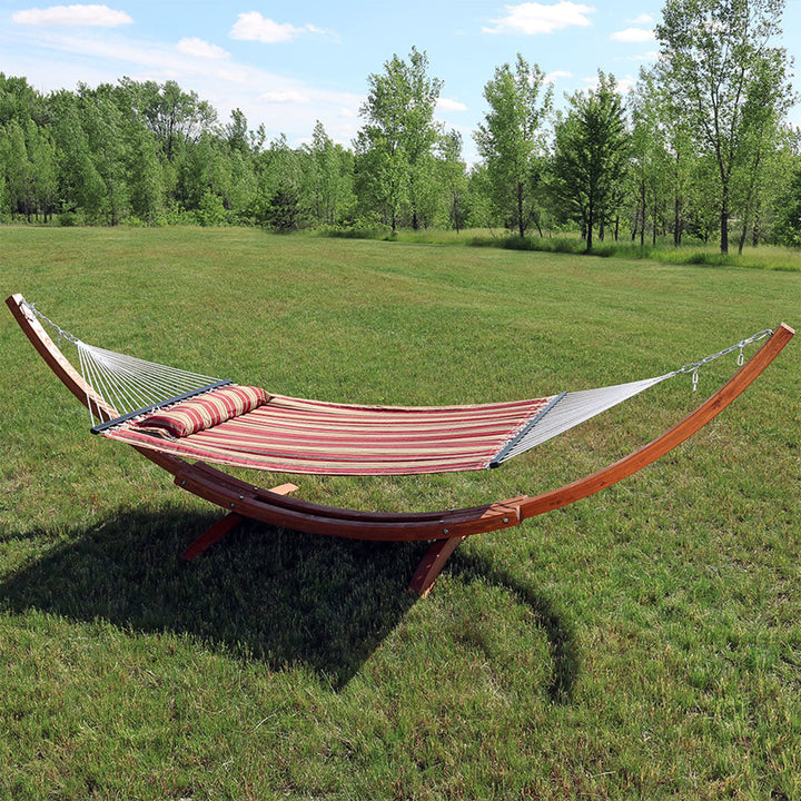 Double Quilted Hammock Wooden Stand Red Stripe detail