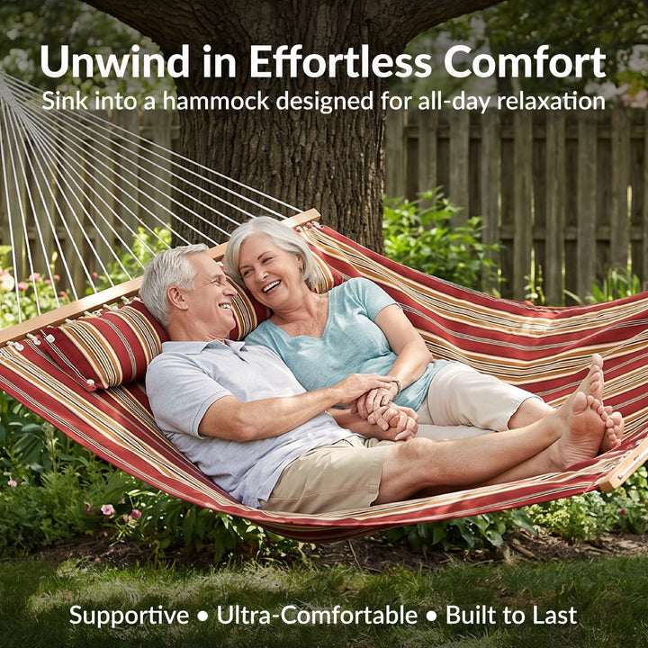 Sunnydaze Quilted Double Spreader Bar Hammock with Pillow, Polyester, 450 lb Capacity