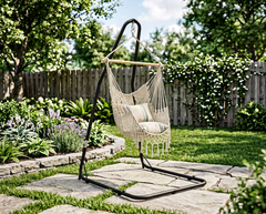 Cream hammock chair hanging from the black Amura stand on a garden patio (chair sold separately)